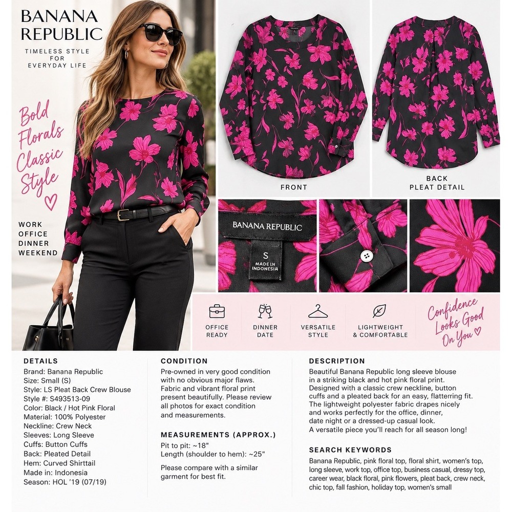 Pink Floral Top Womens S Banana Republic Black Long Sleeve Work Office Dressy